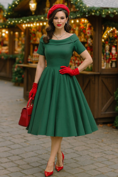 A lady wearing a Darlene Green Roll Collar Circle Dress