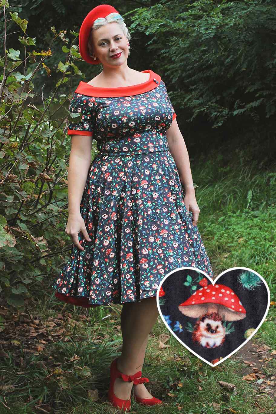 A model wearing Hedgehog & Mushroom Roll Collar Dress