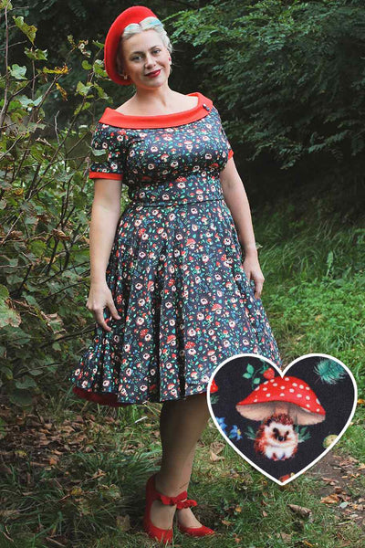 A model wearing Hedgehog & Mushroom Roll Collar Dress