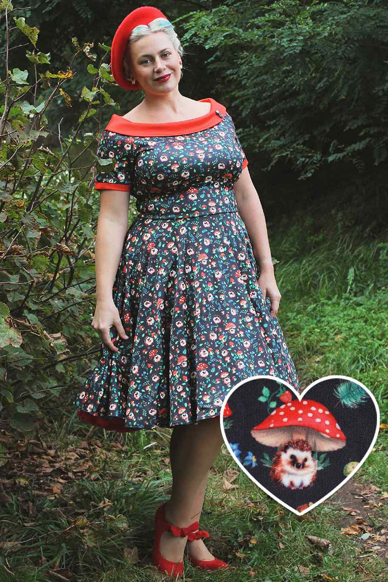 A model wearing Hedgehog & Mushroom Roll Collar Dress