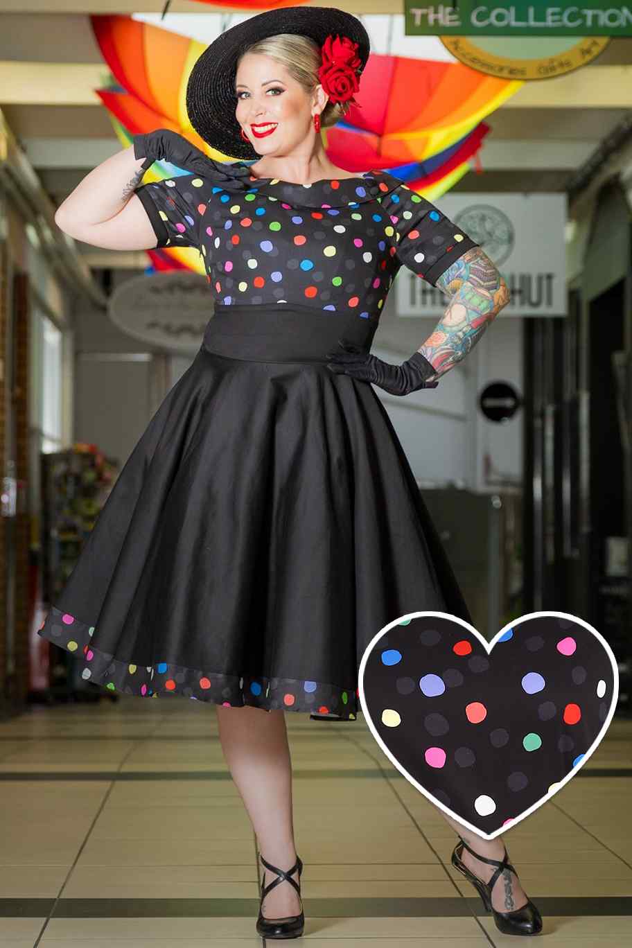 A model wearing Multicolour Polka Dot Black Circle Dress