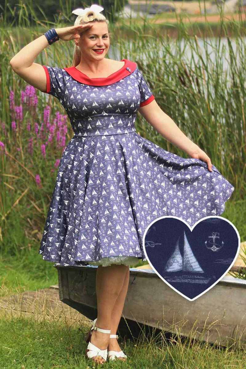 A model wearing a Nautical Sailboat Off Shoulder Dress