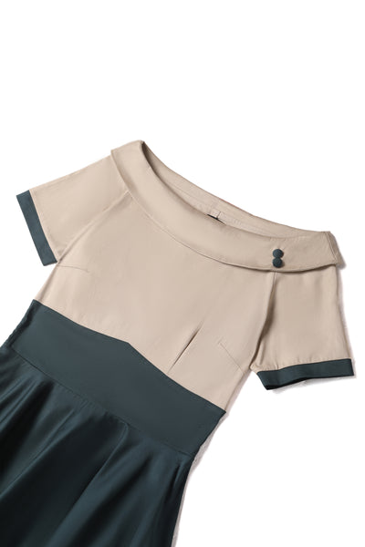Close up view of Darlene Retro Beige/Dark Green Swing Dress