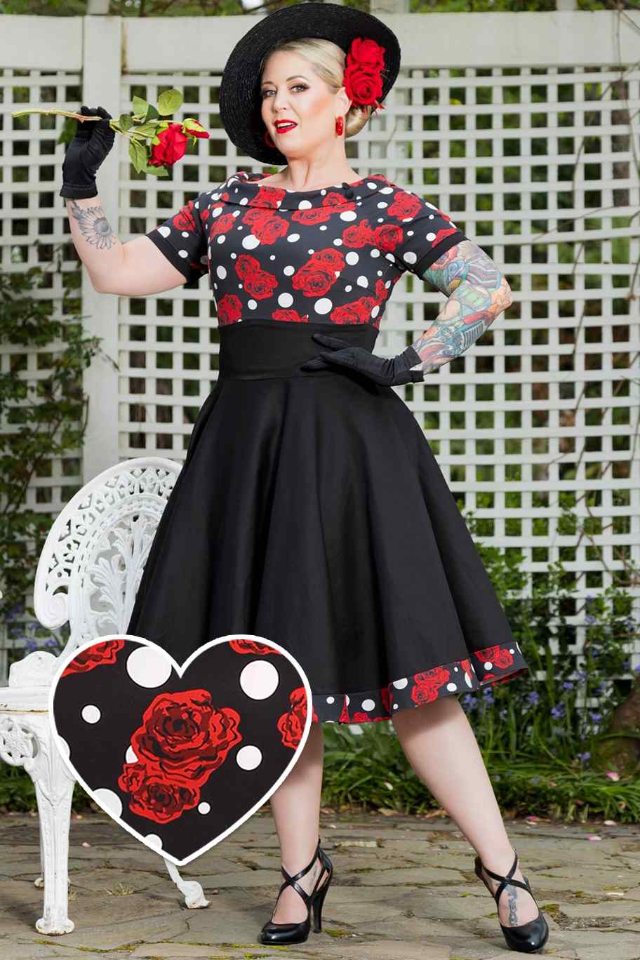 A model wearing Rockabilly Rose Polka Dot Swing Dress