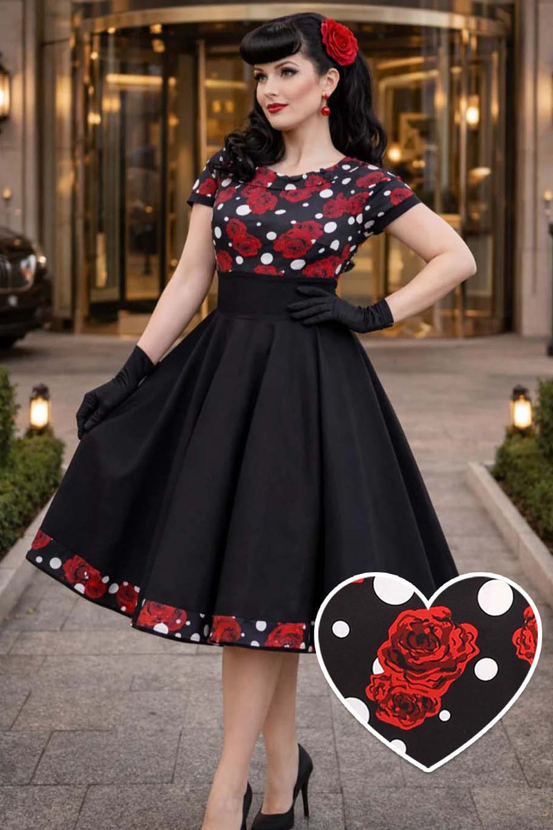 Rockabilly Rose Polka Dot Swing Dress In Black