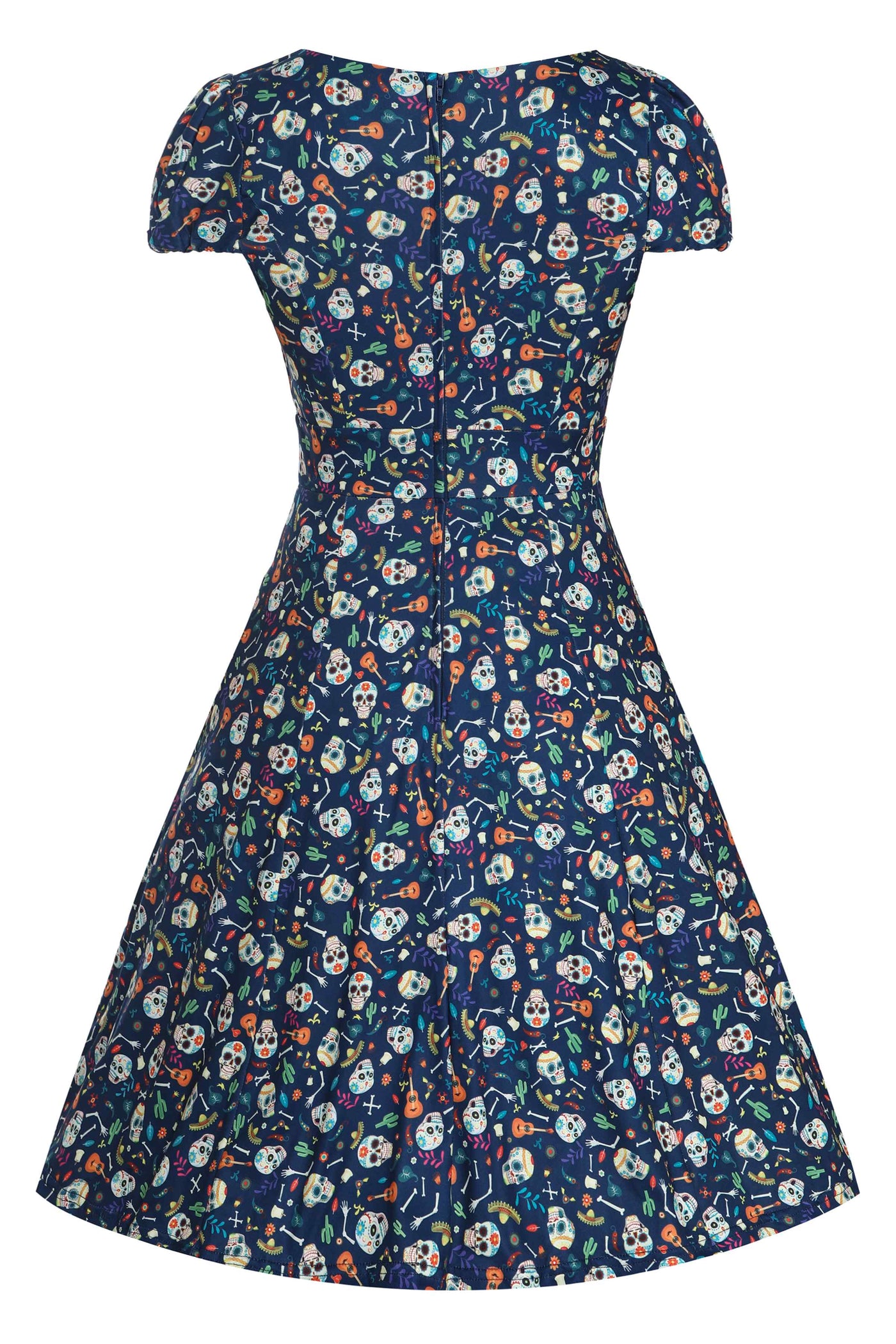 Back View of Day of the Dead Sugar Skulls Print Dress in Navy Blue