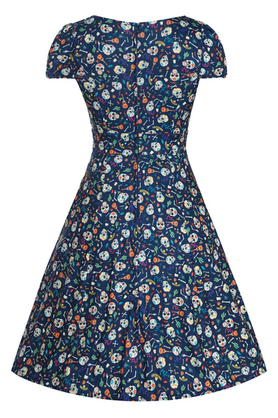 Back View of Day of the Dead Sugar Skulls Print Dress in Navy Blue