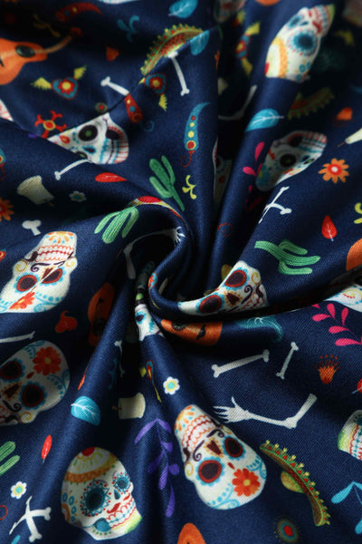 Close up View of Day of the Dead Sugar Skulls Print Dress in Navy Blue