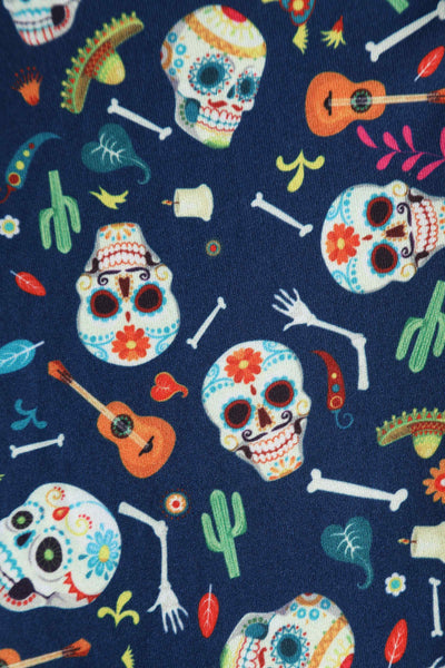 Close up View of Day of the Dead Sugar Skulls Print Dress in Navy Blue