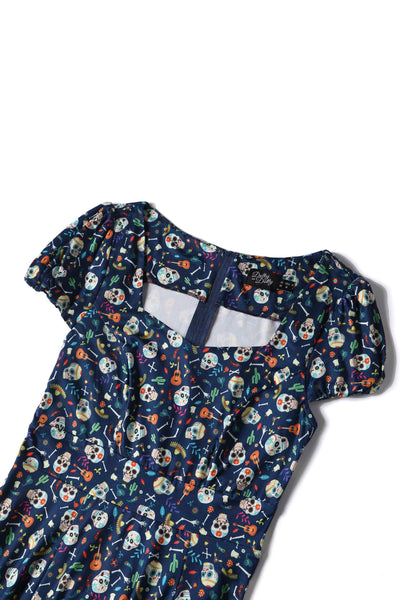 Close up View of Day of the Dead Sugar Skulls Print Dress in Navy Blue