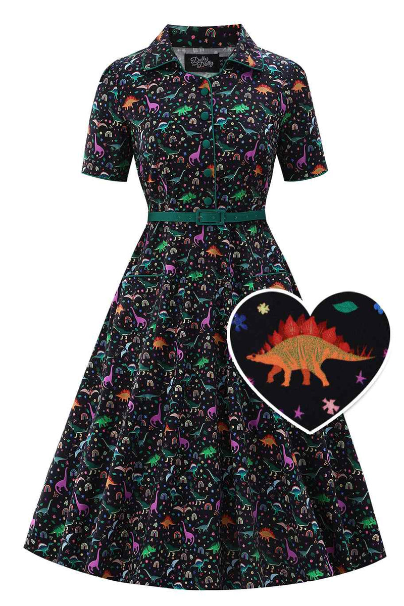 Front view of Dinosaur & Rainbow Midi Shirt Dress In Black