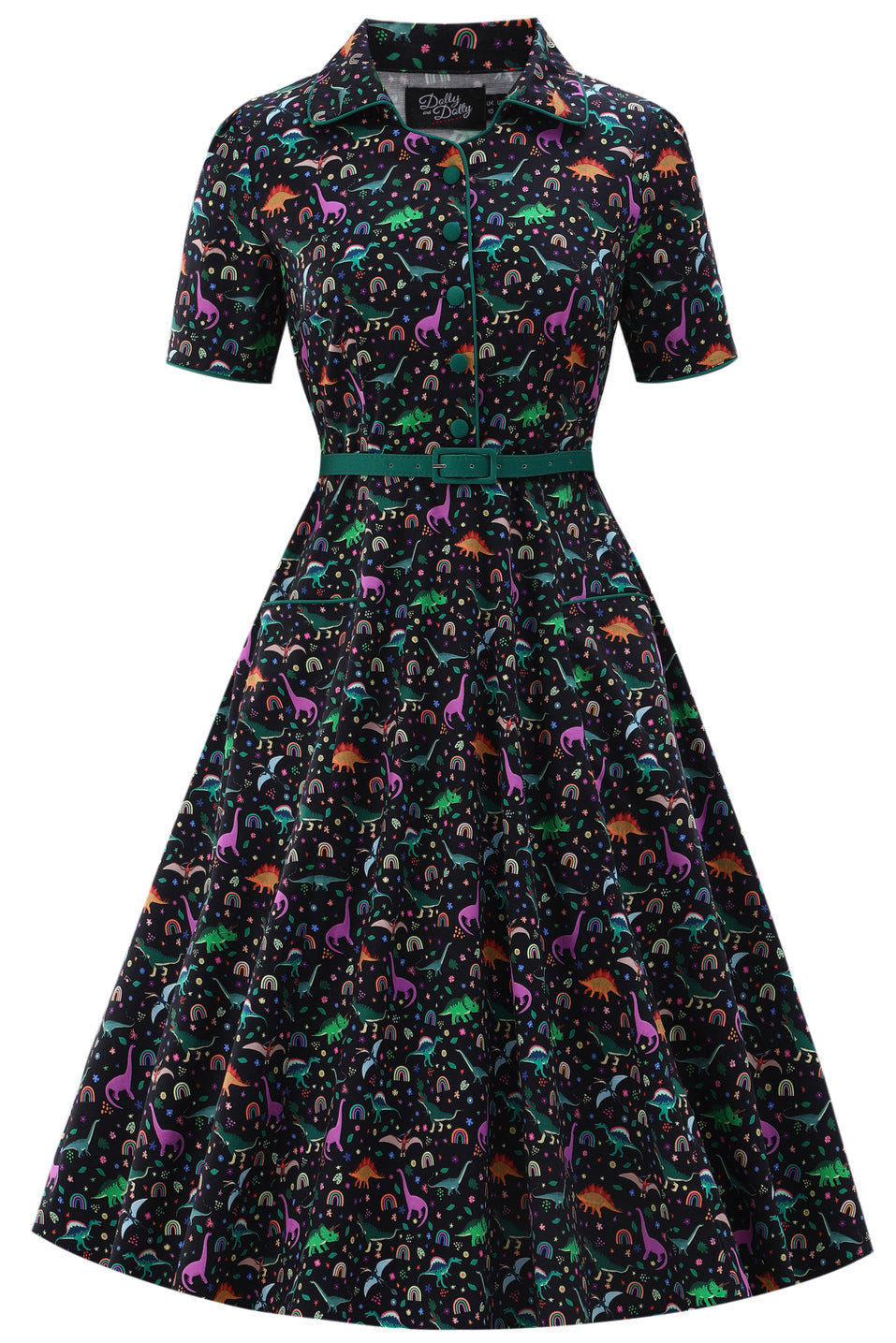 Front view of Mabel Dinosaur & Rainbow Midi Shirt Dress In Black