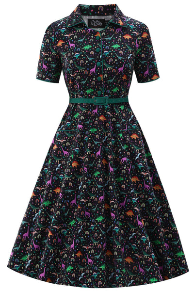 Front view of Mabel Dinosaur & Rainbow Midi Shirt Dress In Black
