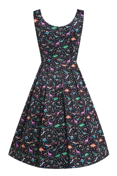 Back view of Black Flared Dress in Dinosaur & Rainbow Print