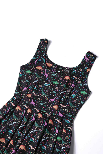 Close up view of Black Flared Dress in Dinosaur & Rainbow Print