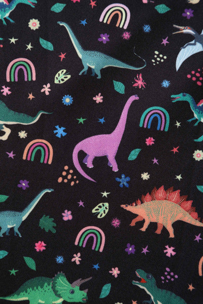 Close up view of Black Flared Dress in Dinosaur & Rainbow Print