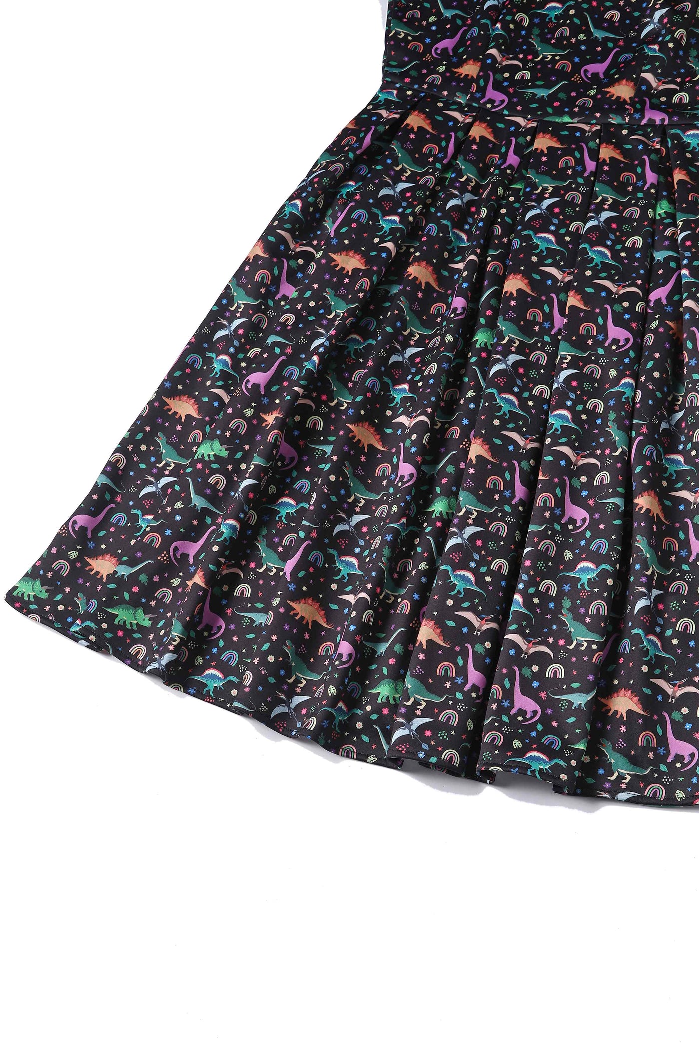 Close up view of Black Flared Dress in Dinosaur & Rainbow Print
