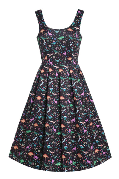 Black Flared Dress in Dinosaur & Rainbow Print