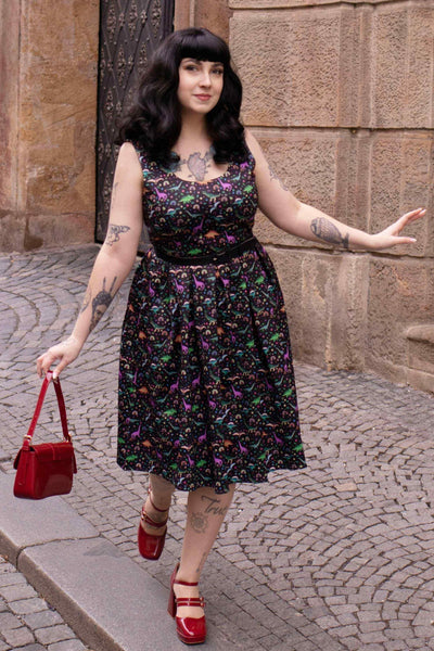A model wearing a Black Flared Dress in Dinosaur & Rainbow Print