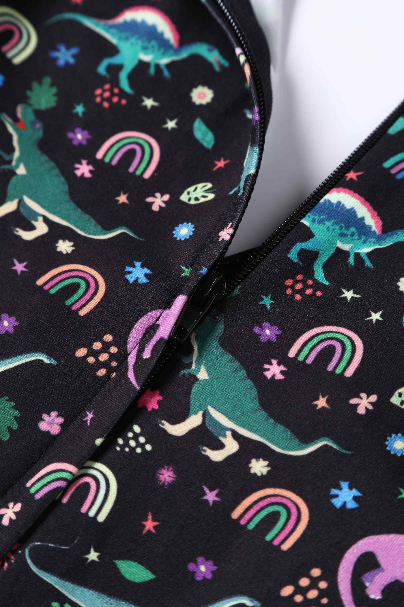 Close up View of Dinosaur and Rainbow Long Sleeved Dress