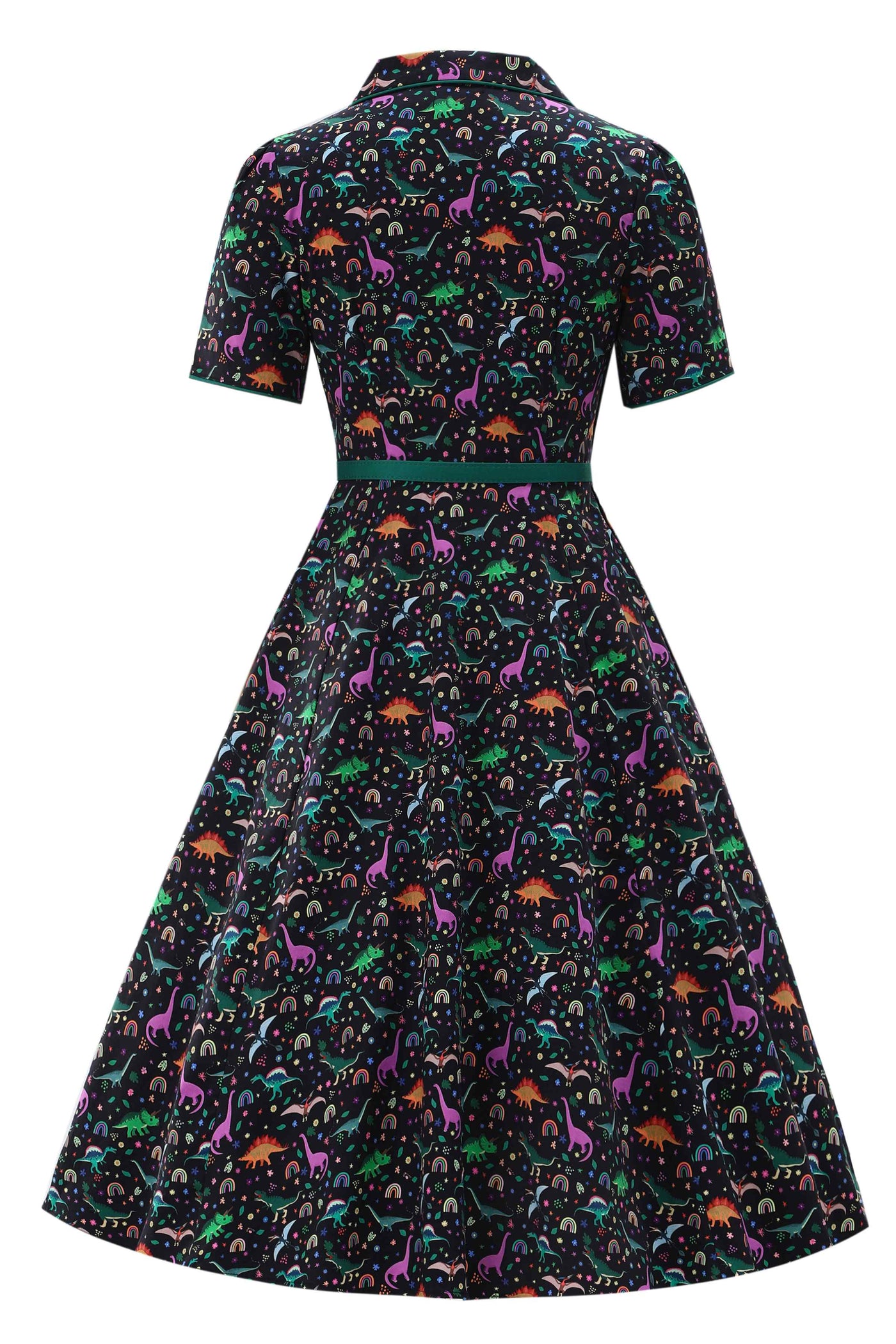 Front  view of Dinosaur & Rainbow Midi Shirt Dress In Black