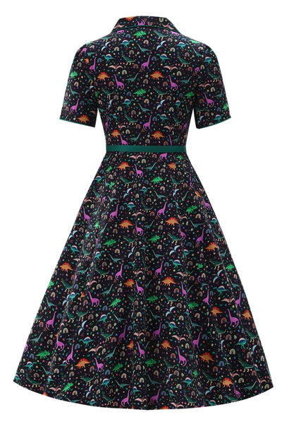 Front  view of Dinosaur & Rainbow Midi Shirt Dress In Black