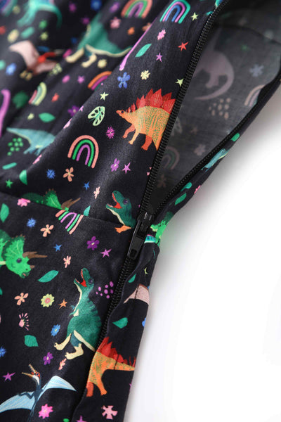 Close up  view of Dinosaur & Rainbow Midi Shirt Dress In Black
