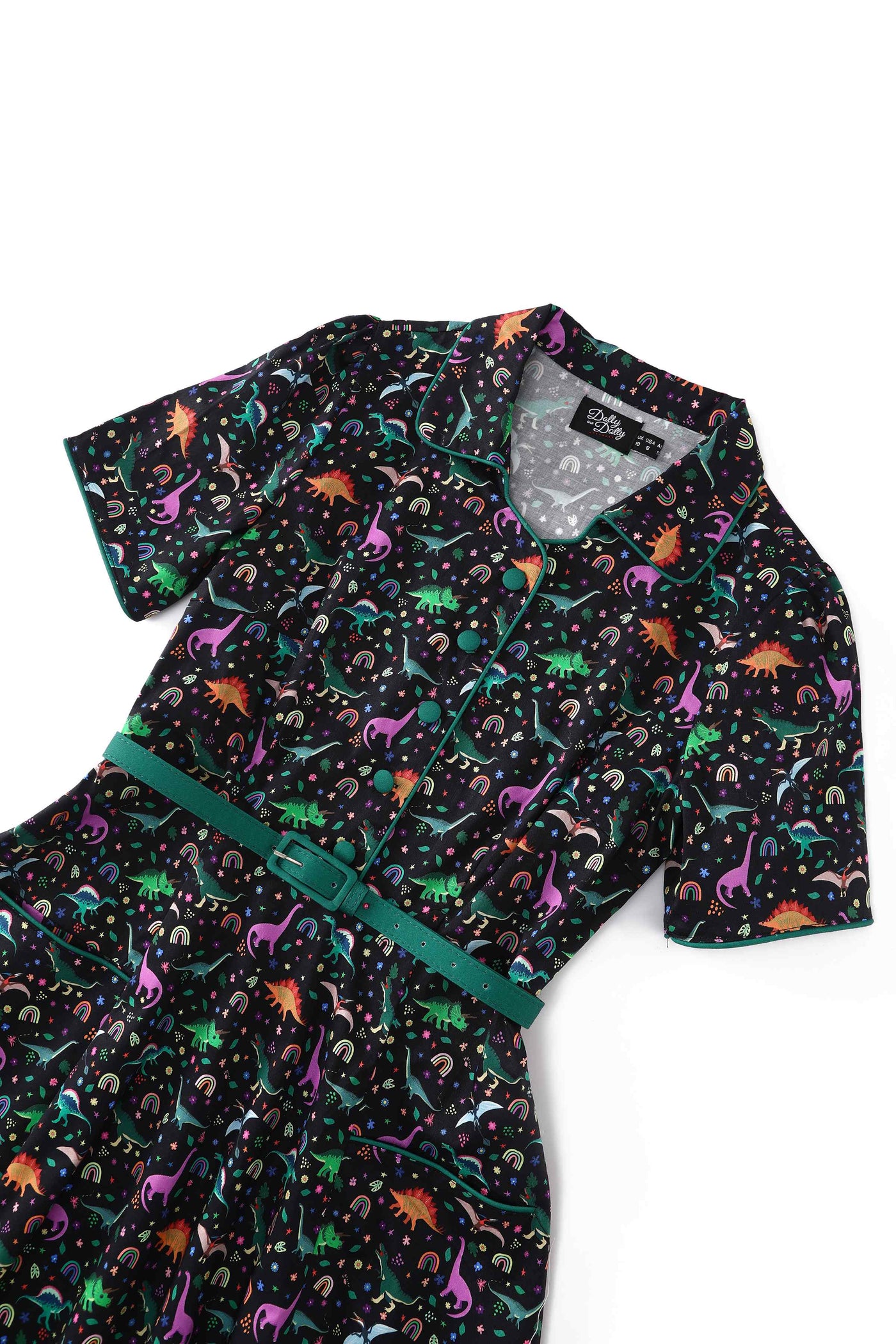 Close up  view of Dinosaur & Rainbow Midi Shirt Dress In Black