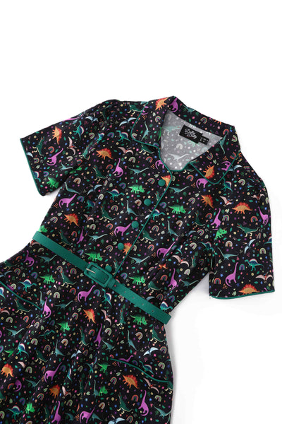 Close up  view of Dinosaur & Rainbow Midi Shirt Dress In Black