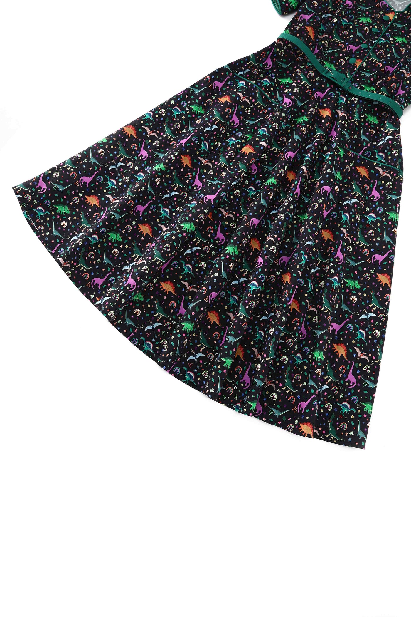 Close up  view of Dinosaur & Rainbow Midi Shirt Dress In Black