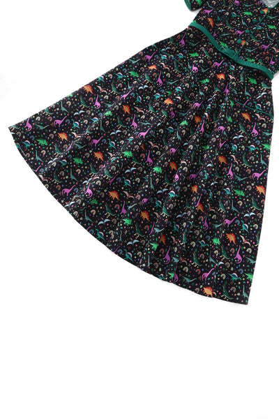 Close up  view of Dinosaur & Rainbow Midi Shirt Dress In Black