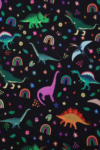  Close up view of Dinosaur & Rainbow Midi Shirt Dress In Black