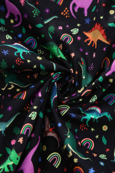 Close up  view of Dinosaur & Rainbow Midi Shirt Dress In Black