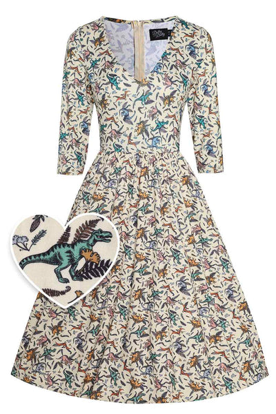 Front View of Dinosaur Beige Long Sleeved Dress