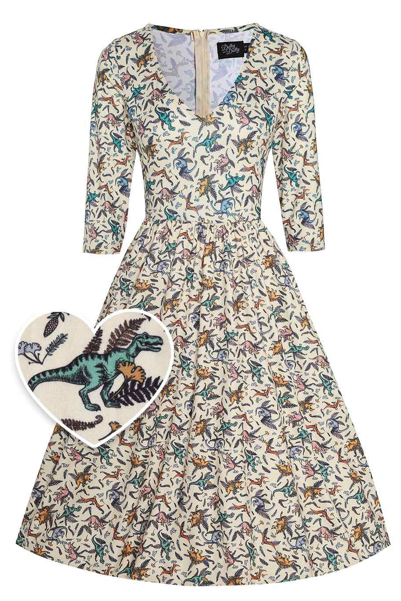 Front View of Dinosaur Beige Long Sleeved Dress