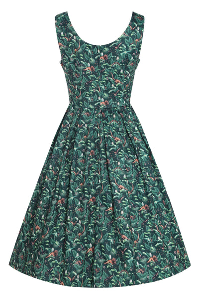 Back View of Dinosaur Forest Flared Dress In Green
