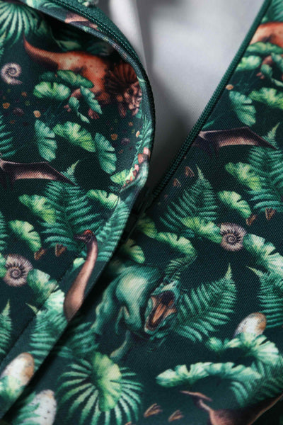 Close up View of Dinosaur Forest Flared Dress In Green