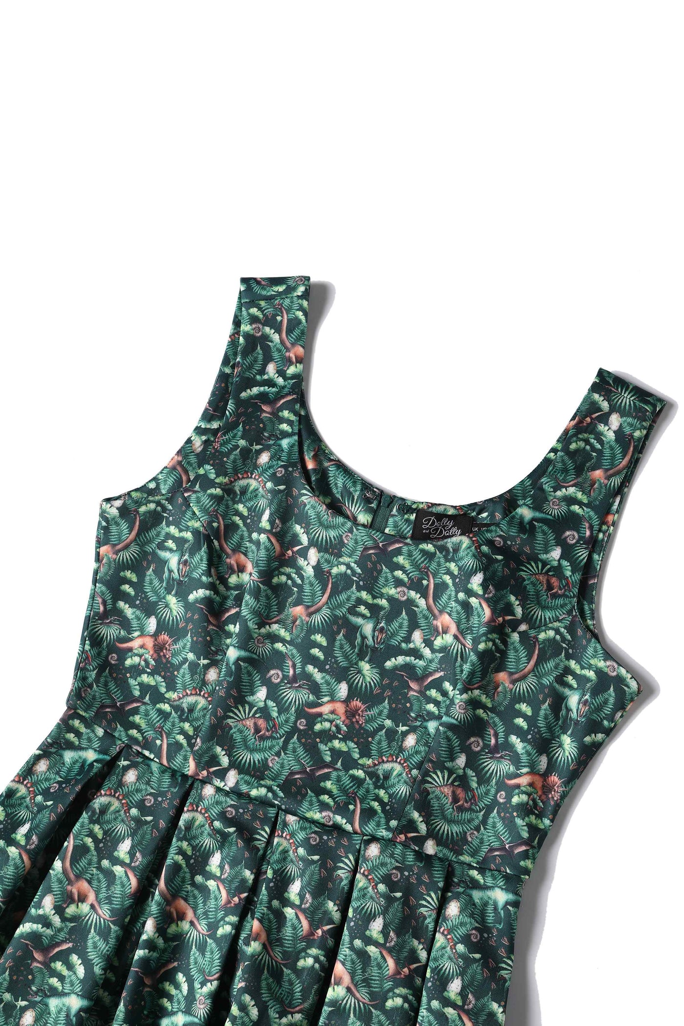 Close up View of Dinosaur Forest Flared Dress In Green