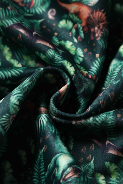 Close up View of Dinosaur Forest Flared Dress In Green