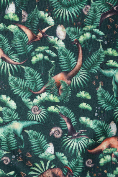 Close up View of Dinosaur Forest Flared Dress In Green