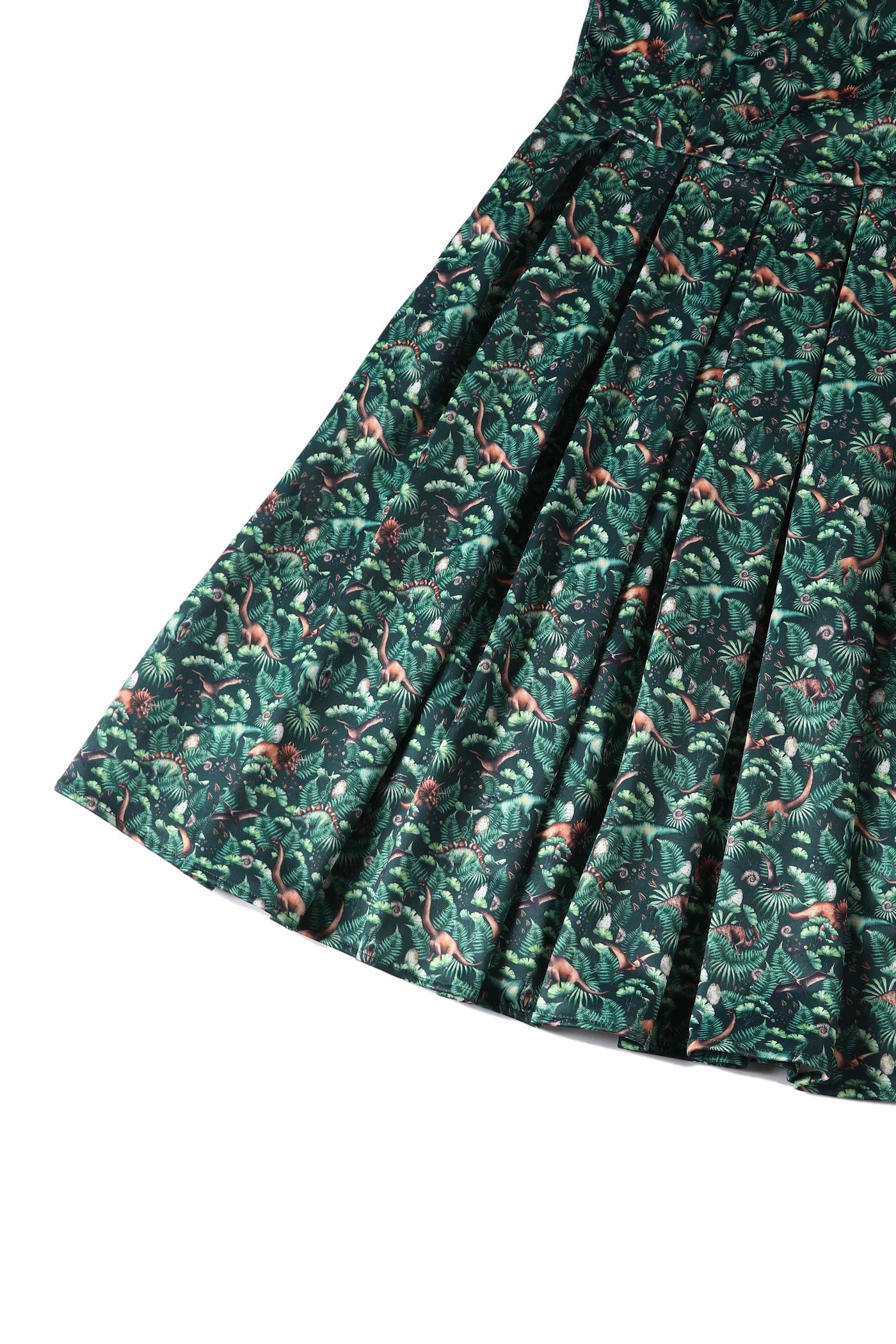 Close up View of Dinosaur Forest Flared Dress In Green