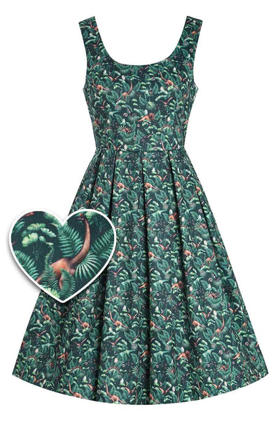 Amanda Dinosaur Forest Flared Dress in Dark Green