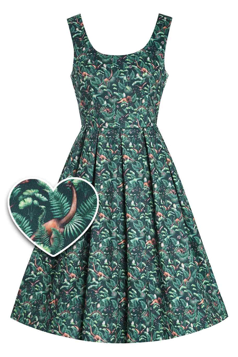 Front View of Dinosaur Forest Flared Dress In Green