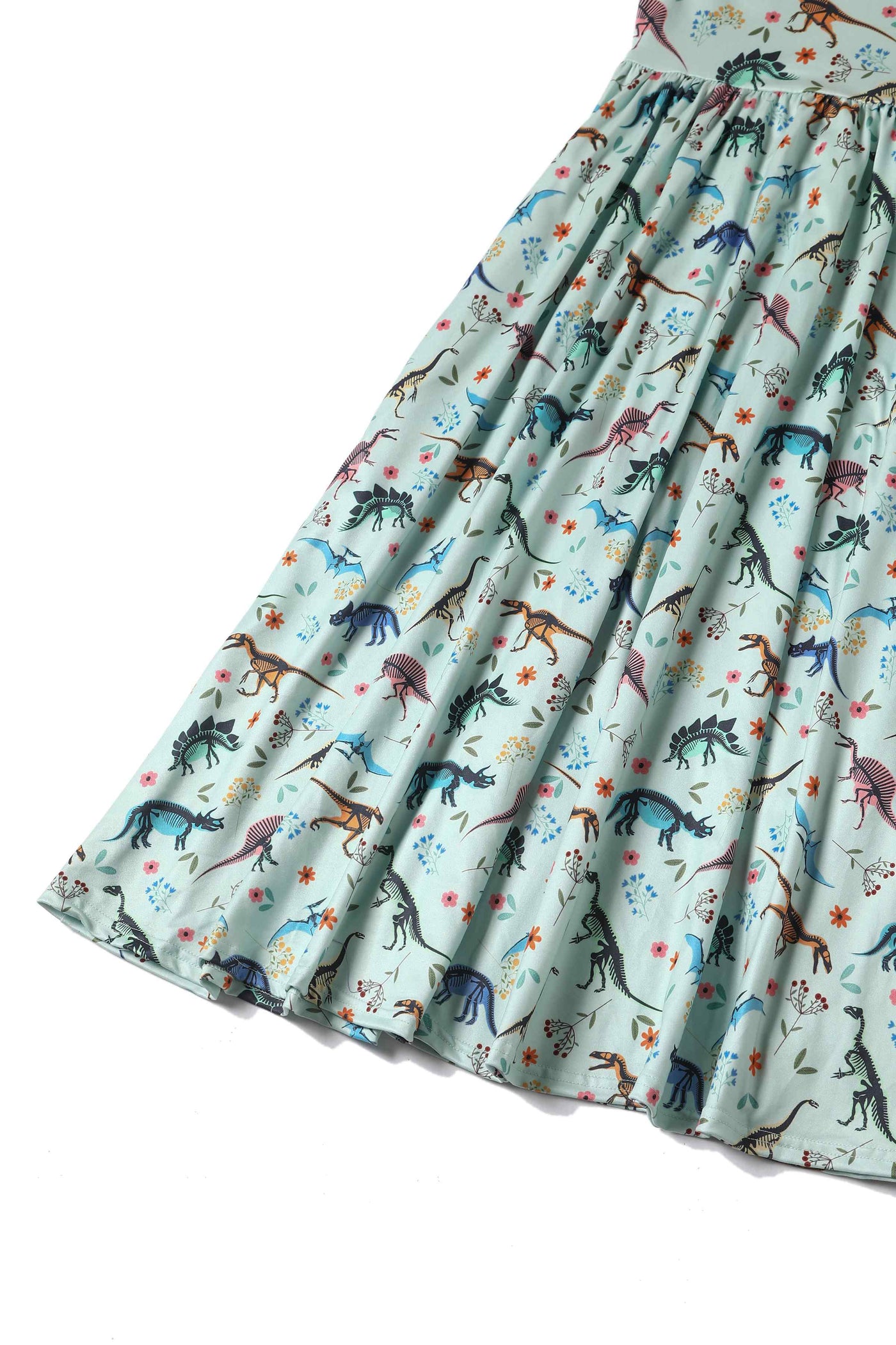 Skirt view of the light green dinosaur skeleton fossil print