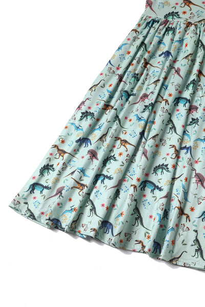 Skirt view of the light green dinosaur skeleton fossil print