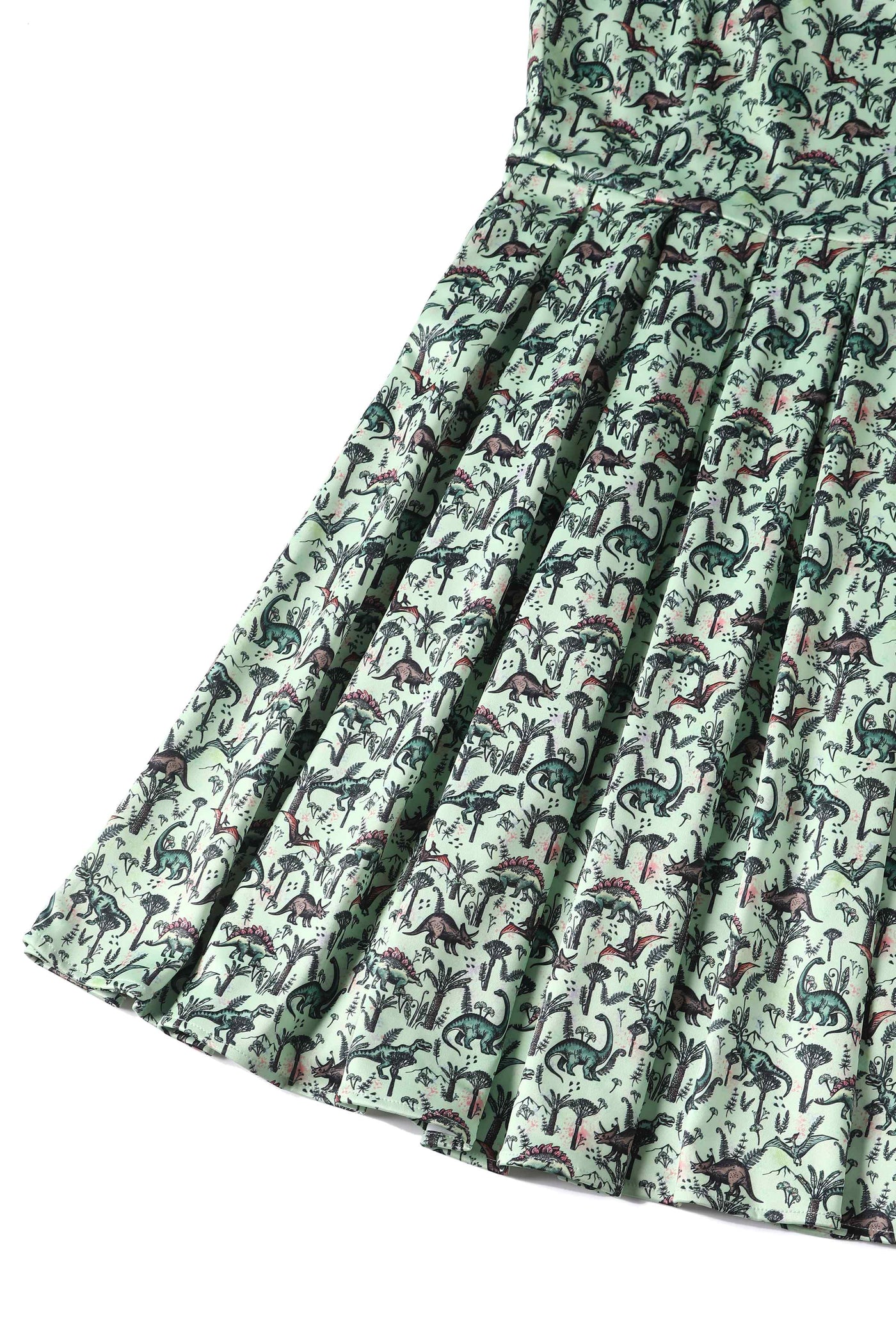 Close up View of Dinosaur Green Flared Dress in Light Green