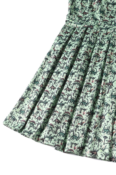 Close up View of Dinosaur Green Flared Dress in Light Green