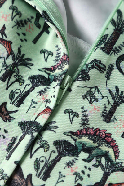Close up View of Dinosaur Green Flared Dress in Light Green