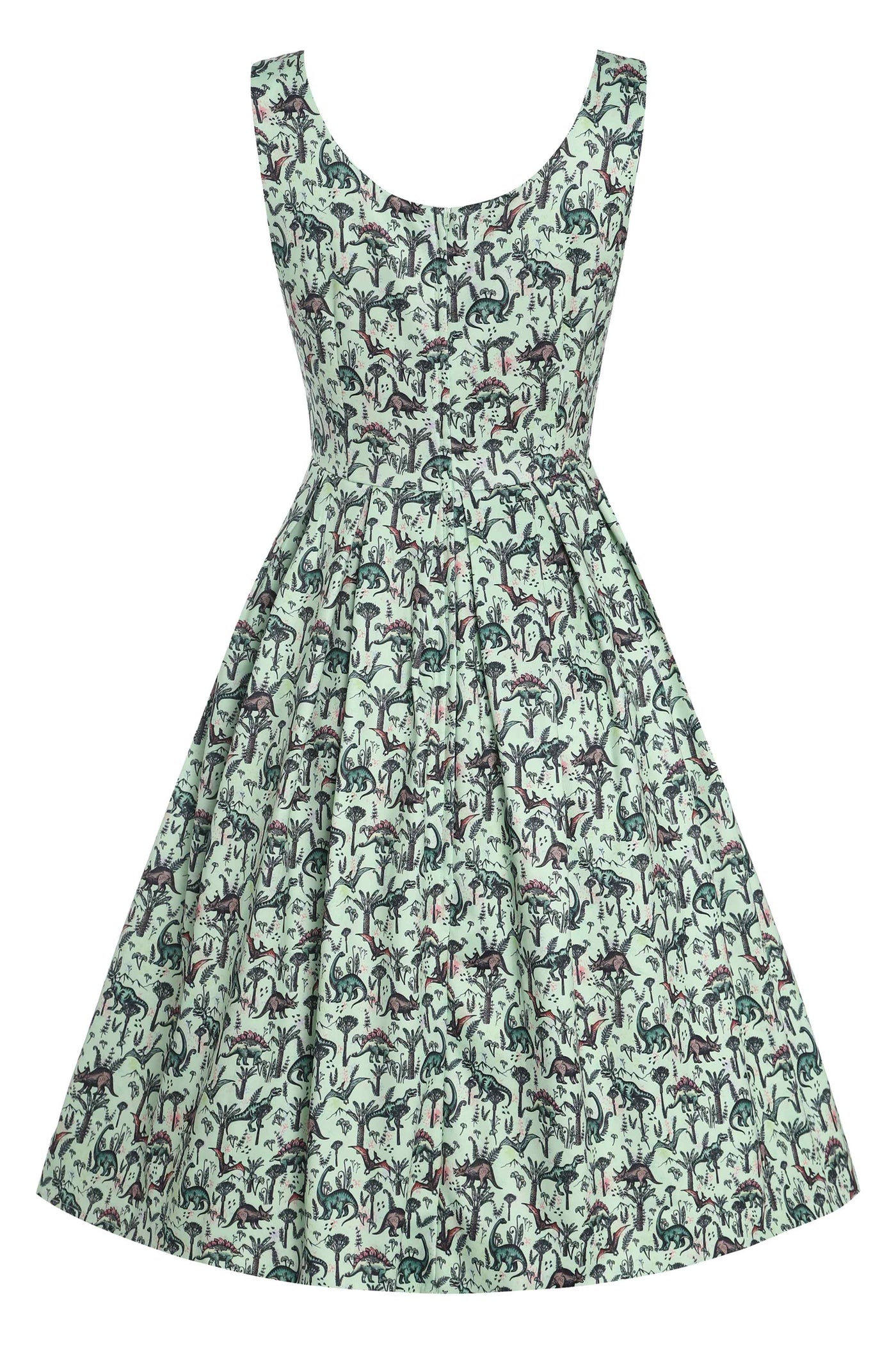 Back View of Dinosaur Green Flared Dress in Light Green