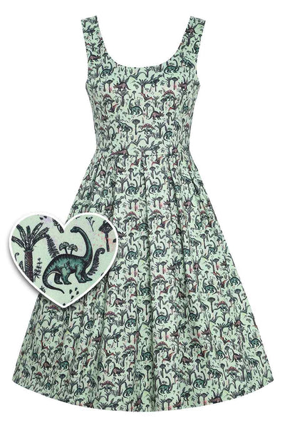 Front View of Dinosaur Green Flared Dress in Light Green